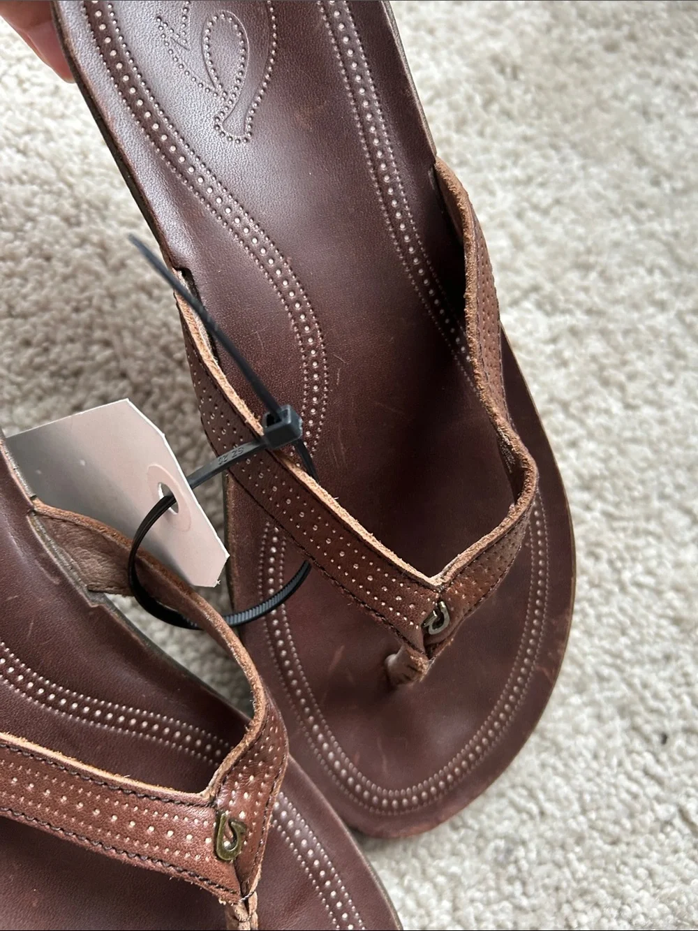 OluKai women's Brown Leather Wedge Sandals with Stitched Detailing